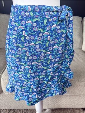 LOFT Blue Floral Tie-Waist Mini Skirt with Ruffle Hem